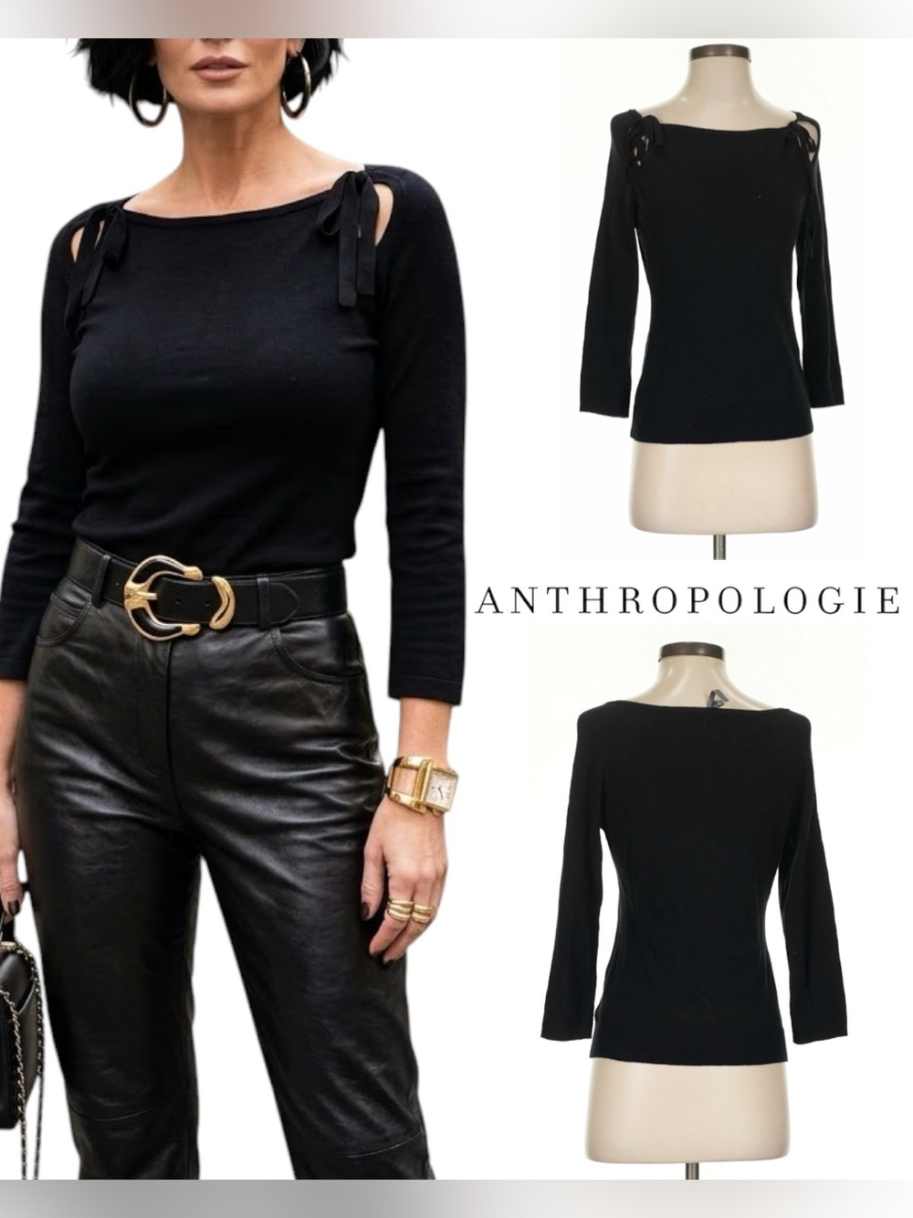 Anthropologie | NWOT 100% Cotton Black Shoulder-Tie Cotton Sweater (Size XS)